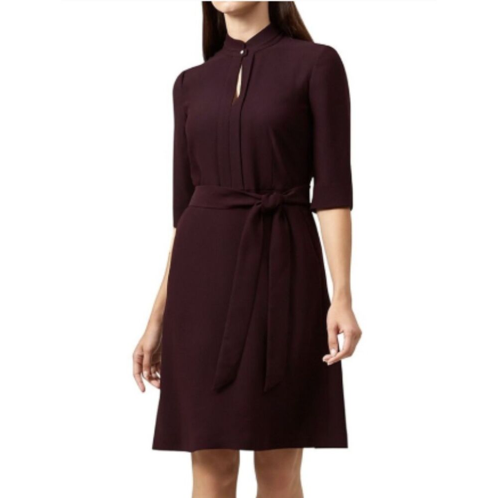 Hobbs London Lois Burgundy Belted Fit Flare Dress US 4